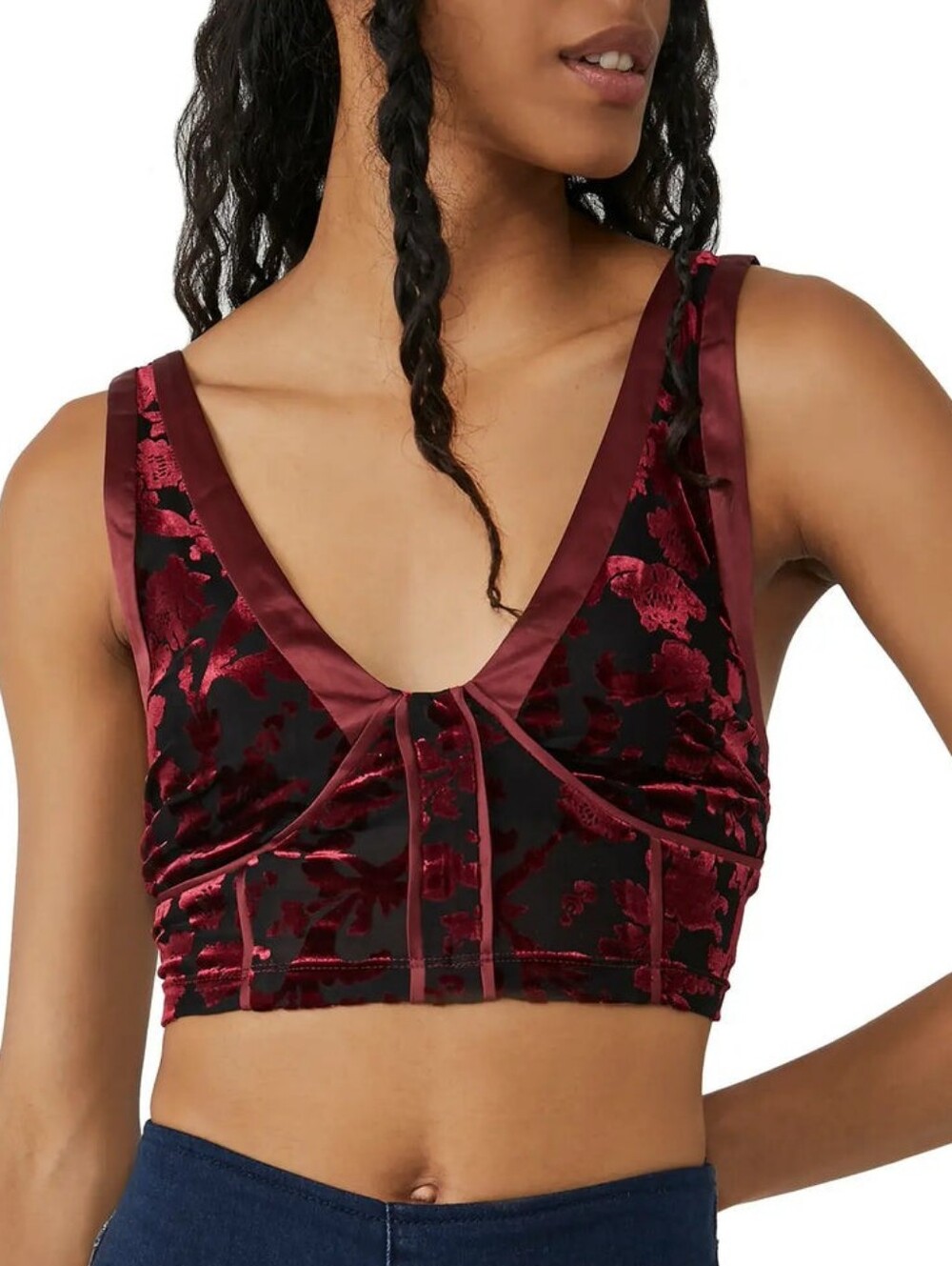 Intimately Free People Velvet Burnout Corset Top Floral XS Burgundy